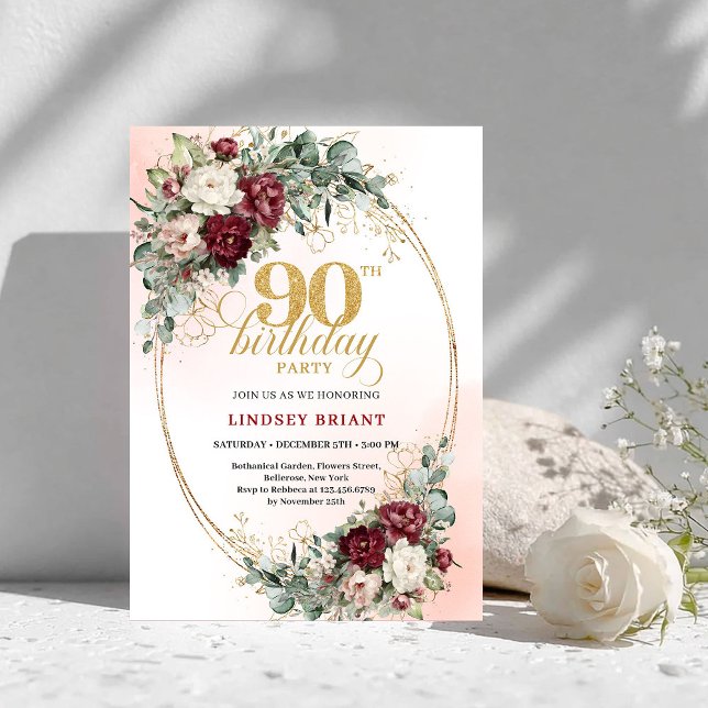 Romantic Boho Deep Red Flowers Gold 90th Birthday Invitation (Romantic Deep Red Flowers Gold 90th Birthday Invite)