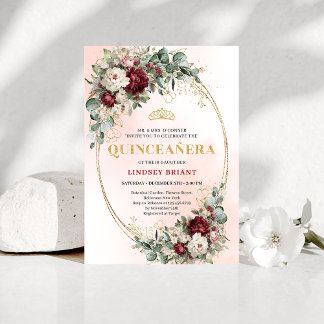 Romantic Boho Deep Red Flowers Gold Quince Invite