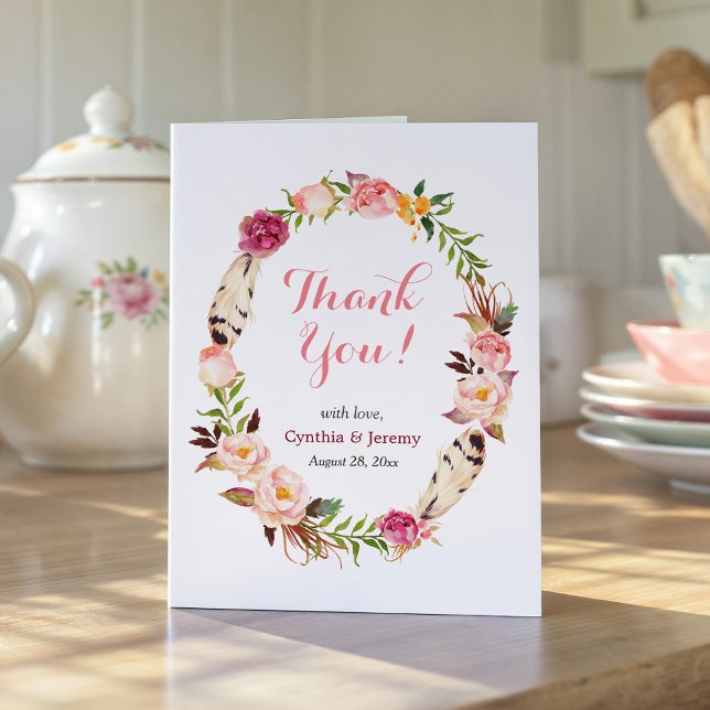 Romantic Boho Feather Floral Wreath Thank You Card (Creator Uploaded)