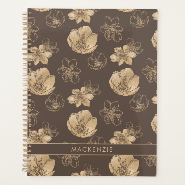 Romantic Boho Gold Foil Floral Pattern Planner (Front)