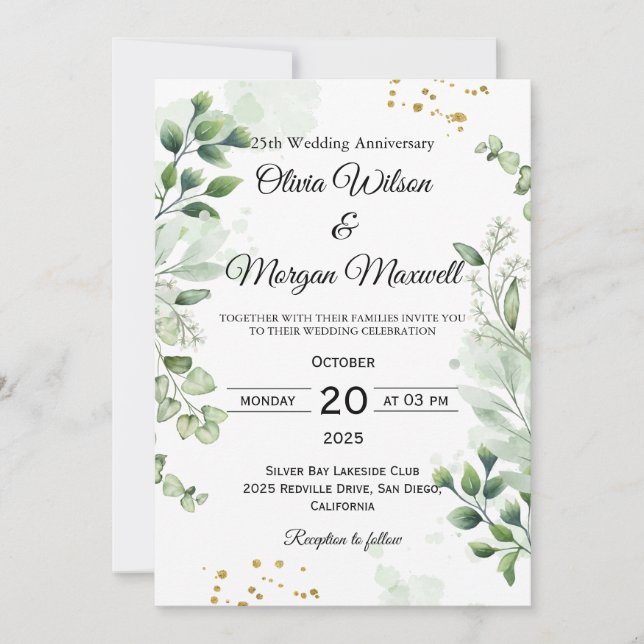 Romantic Boho Greenery Wedding Anniversary Invitat Invitation (Front)
