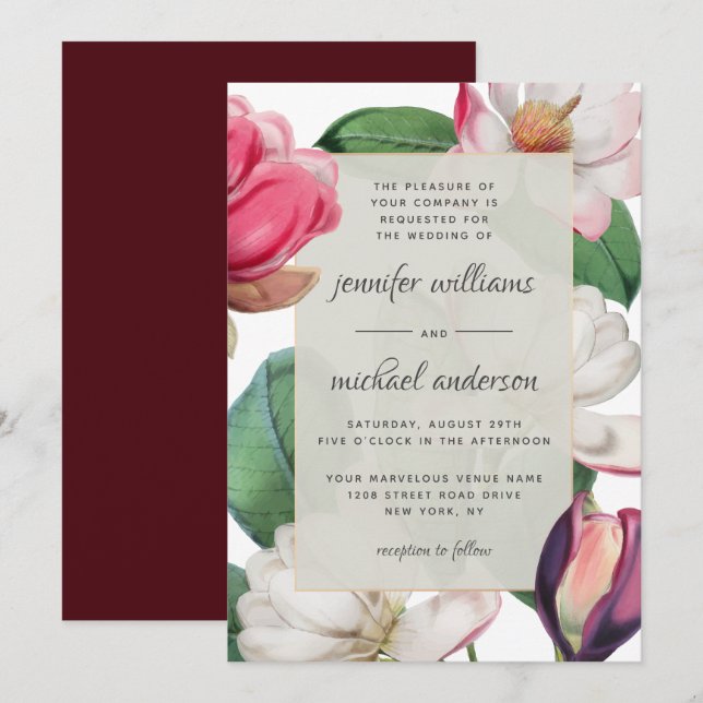 Romantic Boho Magnolia Blossoms Elegant Floral Invitation (Front/Back)