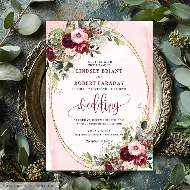 Romantic Boho Marsala Gold Floral Wedding Invite (Romantic Boho Marsala Gold Floral Wedding Invite)
