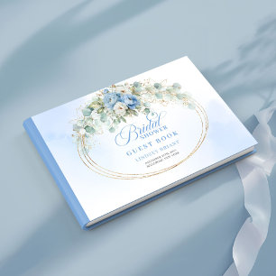 Romantic Boho Pastel Blue Flowers Greenery Gold Guest Book
