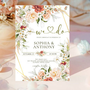 Romantic Boho Peony Rose Ranunculus Gold Wedding Invitation