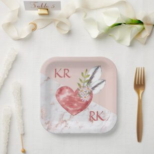 Romantic Boho Pink Heart Feathers Daisy Marble Paper Plate