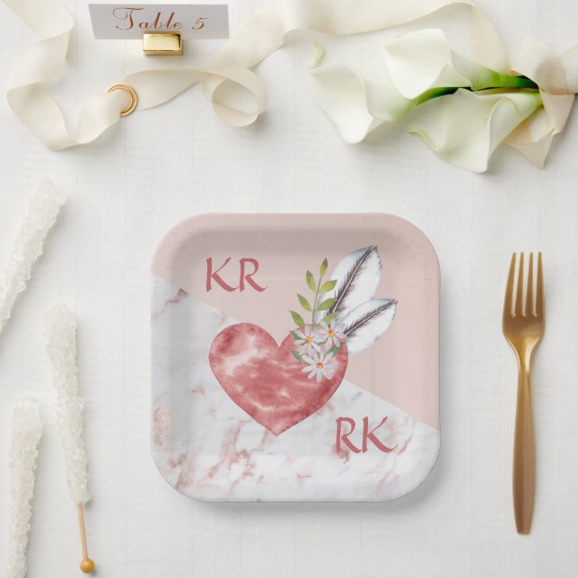 Romantic Boho Pink Heart Feathers Daisy Marble Paper Plate (Wedding)