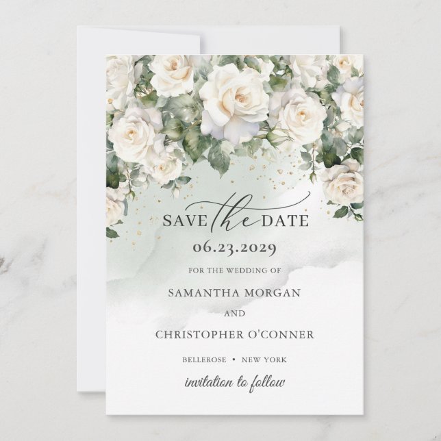 Romantic boho white roses and greenery foliage save the date (Front)