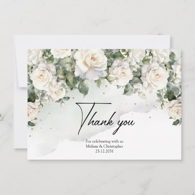 Romantic boho white roses and greenery & gold thank you card (Front)