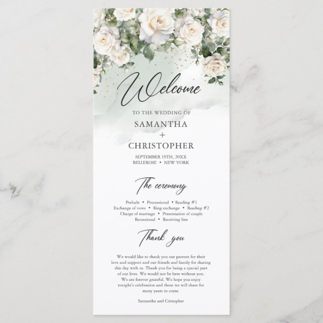 Romantic boho white roses and greenery wedding program (Front)