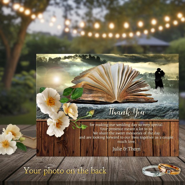 Romantic Book Lovers Wedding Thank You Card (Wedding Thank You card featuring a book in a dreamy landscape scene with roses on rustic wood)