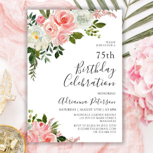 Romantic Botanical Blush Rose Floral 75th Birthday Invitation