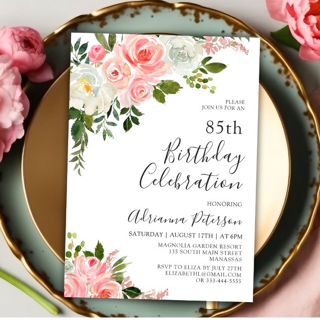 Romantic Botanical Blush Rose Floral 85th Birthday Invitation (Creator Uploaded)