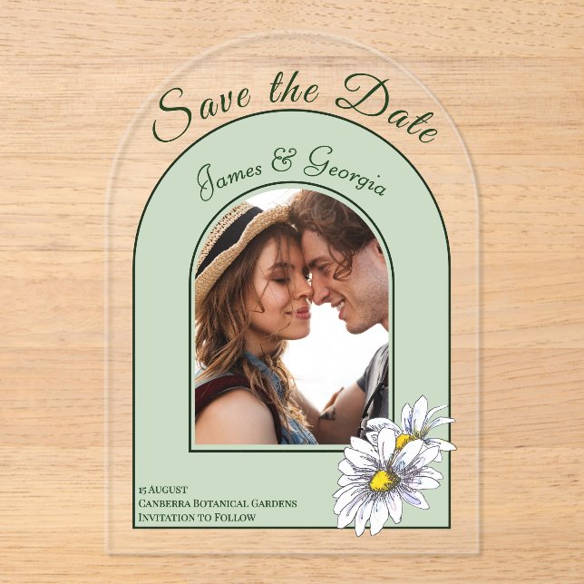 Romantic Botanical Daisy Arch Photo Save the Date Acrylic Invitations (Front)