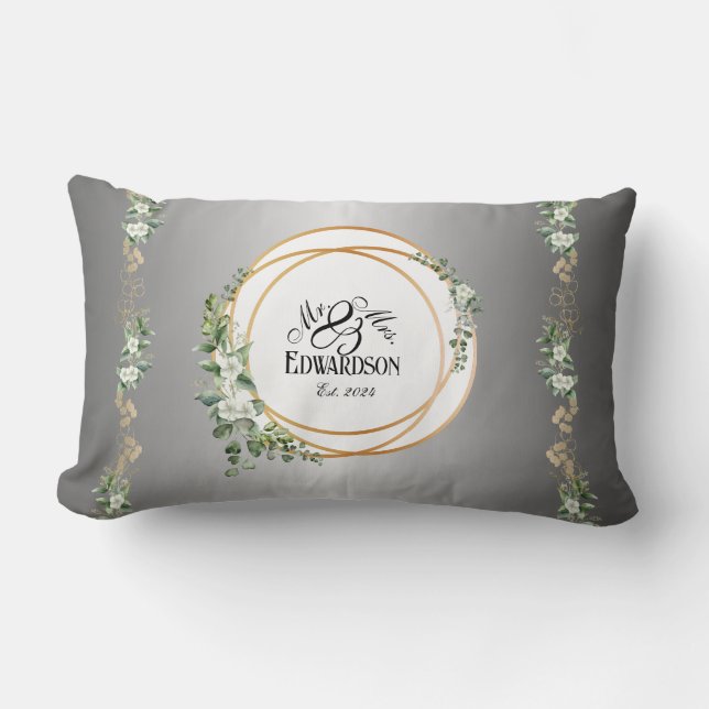 Romantic Botanical Golden Rings Anniversary Lumbar Pillow (Front)