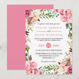 Romantic Botanical Pink Floral Wedding Celebration Invitation