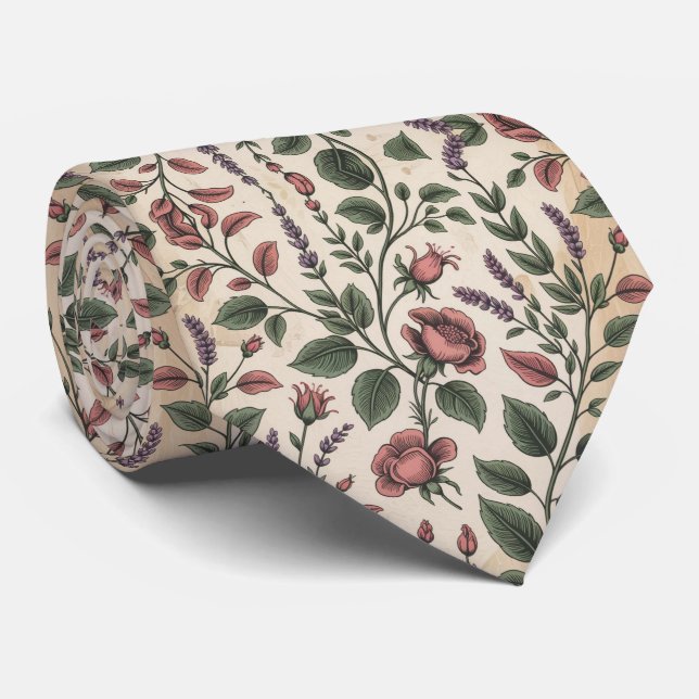 Romantic Botanical Roses Tie (Rolled)