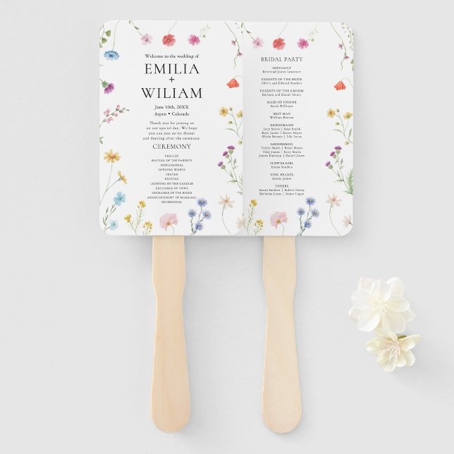 Romantic Botanical Wildflower Wedding Program Hand Fan (Front and Back)