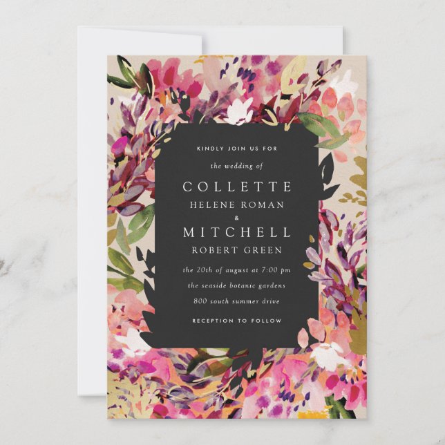 Romantic Bouquet Hot Pink Black Gold Wedding Invitation (Front)