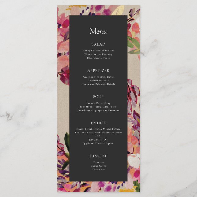 Romantic Bouquet Hot Pink Black Wedding Menu (Front)