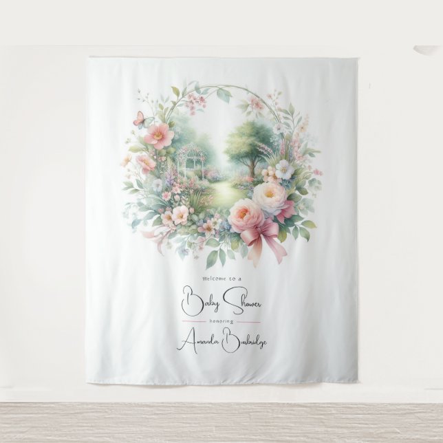 Romantic Bow Floral Baby Shower Welcome Tapestry (Front)