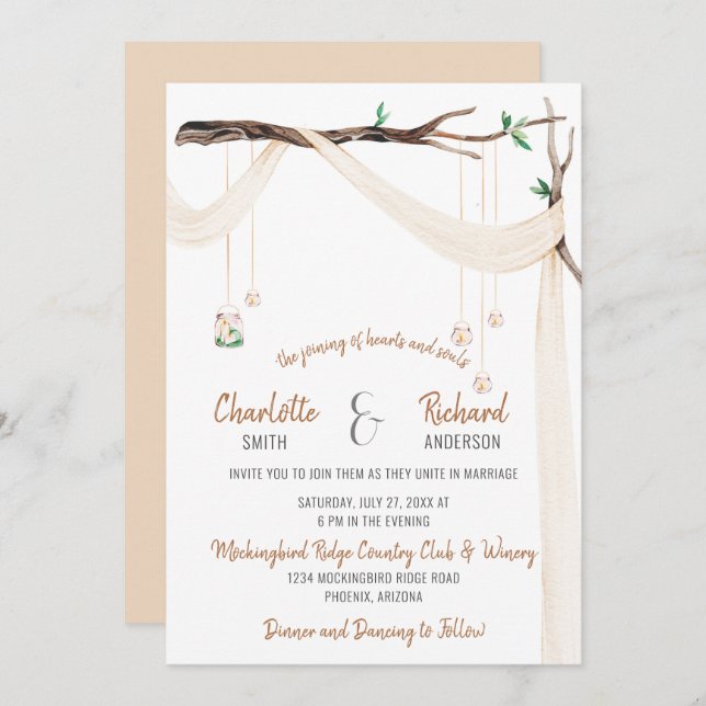 Romantic Branch with Drape and Mason Jar Lights Invitation (Front/Back)
