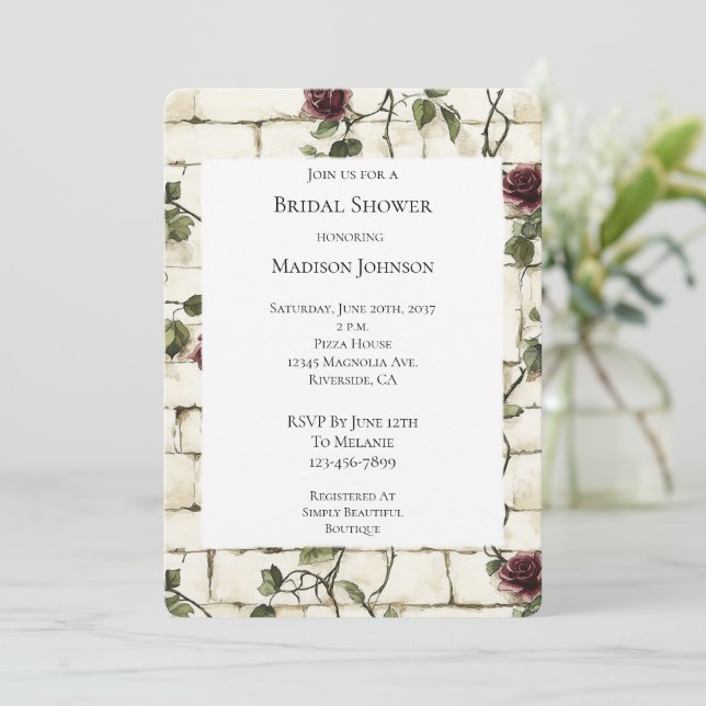 Romantic Brick Wall Red Roses Bridal Shower Invitation (Standing Front)