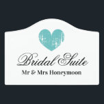 Romantic bridal suite door sign for wedding couple<br><div class="desc">Romantic mr and mrs custom bridal suite honeymoon Door Sign. Print your own classy acrylic wall plaque, welcome sign and office door name plates. Vintage turquoise blue heart love symbol logo. Personalized signage for suite, hotel room, home, nursery, baby room, kid's room, changing rooms etc. Make your own personalized signage...</div>