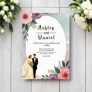 Romantic Bride And Groom Watercolor Floral Wedding Invitation