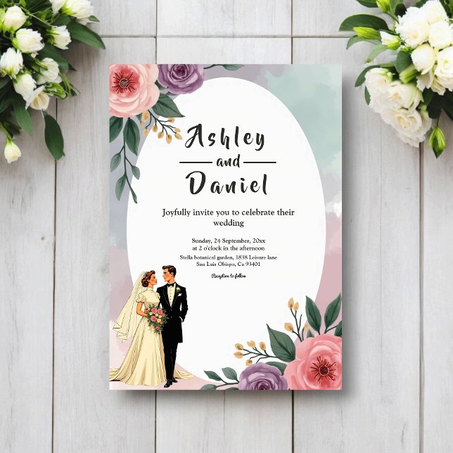 Romantic Bride And Groom Watercolor Floral Wedding Invitation (Creator Uploaded)