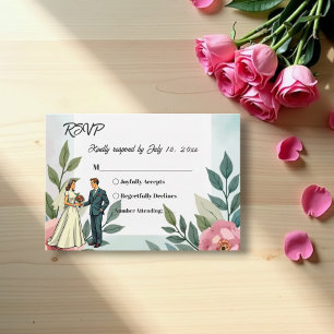 Romantic Bride And Groom Watercolor Floral Wedding RSVP Card