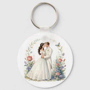 Romantic Bride Groom Floral Elegant Wedding Couple Keychain