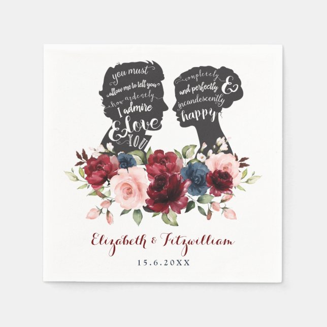 Romantic Bride Groom Silhouettes Floral Wedding Napkin (Front)