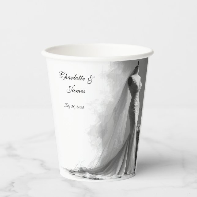 Romantic Bride Sketch Wedding Paper Cup – Elegant  (Front)