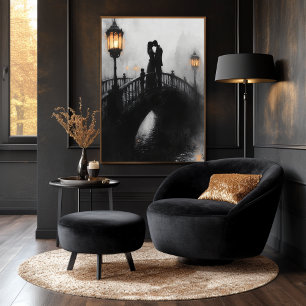 Romantic Bridge Kiss in Charcoal and Lantern Glow Poster
