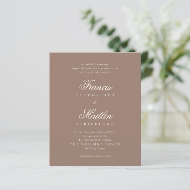Romantic Brown Elegant Wedding Invitation (Standing Front)