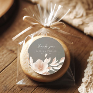 Romantic brown pink floral wedding thank you classic round sticker
