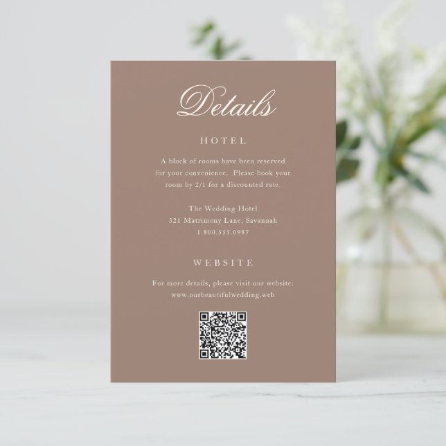 Romantic Brown QR Code Elegant Wedding Enclosure Card (Standing Front)