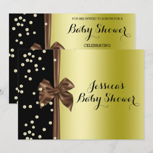 Romantic Brown Sash Bow & Pearls Baby Shower Invitation