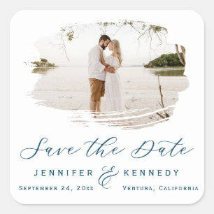 Romantic Brushed Frame Navy Blue Save the Date Square Sticker