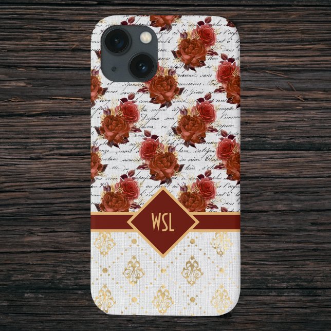 Romantic Burgundy and Blush Roses on Gold Damask Case-Mate iPhone Case (Creator Uploaded)
