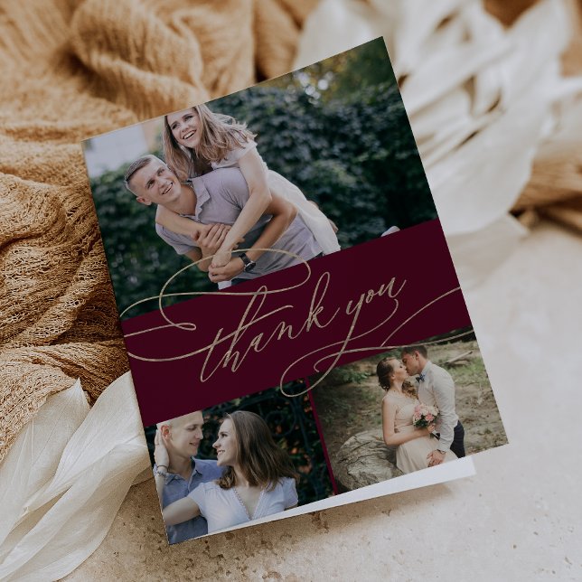 Romantic Burgundy and Gold 3 Photo Collage Wedding Thank You Card (Creator Uploaded)