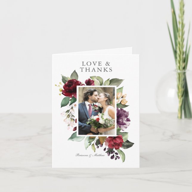 Romantic Burgundy and Plum Floral Photo Thank You Card (Front)