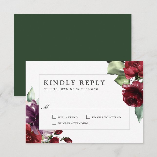 Romantic Burgundy and Plum Floral Wedding RSVP (Front/Back)