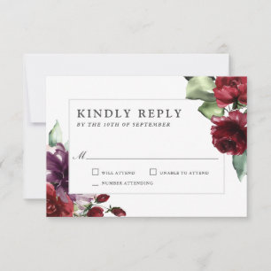 Romantic Burgundy and Plum Floral Wedding RSVP Card