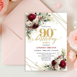 Romantic Burgundy and White Floral 90th Birthday Invitation
