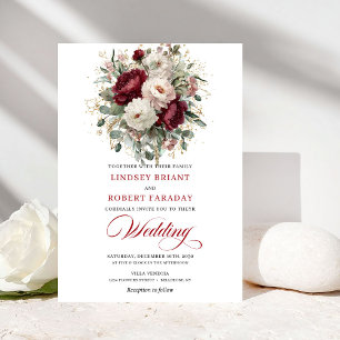 Romantic Burgundy and White Flowers Wedding Invite