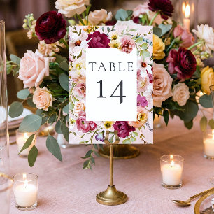 Romantic Burgundy Blush Floral Garden Wedding Table Number
