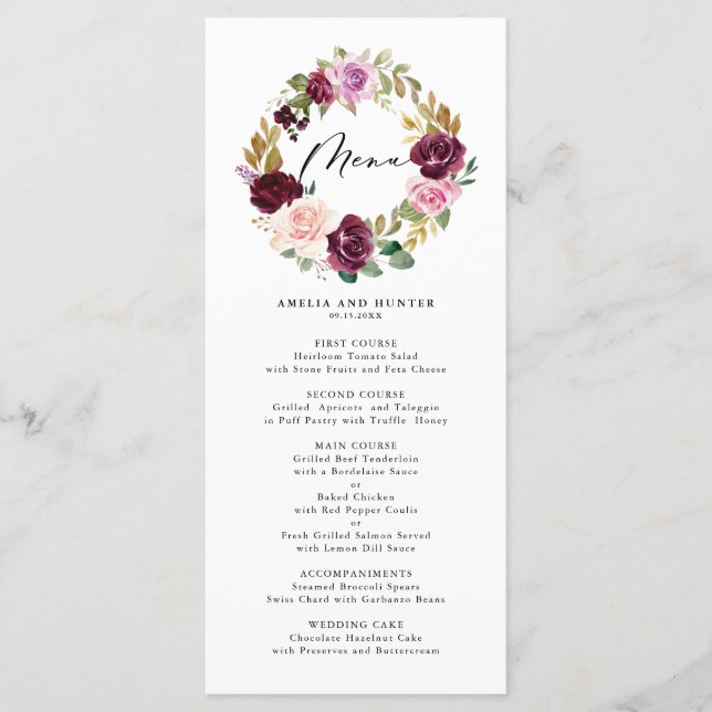 Romantic Burgundy Blush Floral Wreath Fall Wedding Menu (Front)