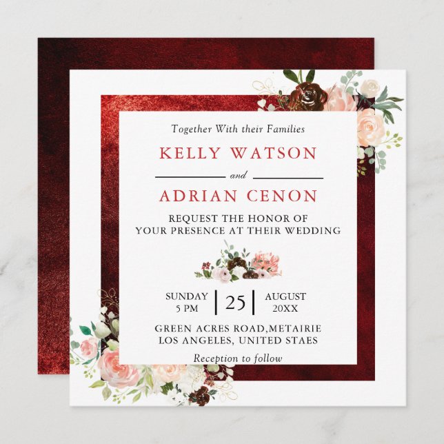 Romantic Burgundy Blush Pink Floral Rustic Wedding Invitation (Front/Back)